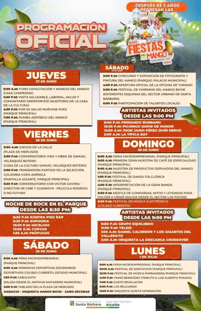 Fiestas Del Mango Santa Barbara 2024 Antioquia. Del 27 de junio al 1 de julio Fiesta del Mango Santa Bárbara 2024: ¡Regresan con Fuerza! Programación completa